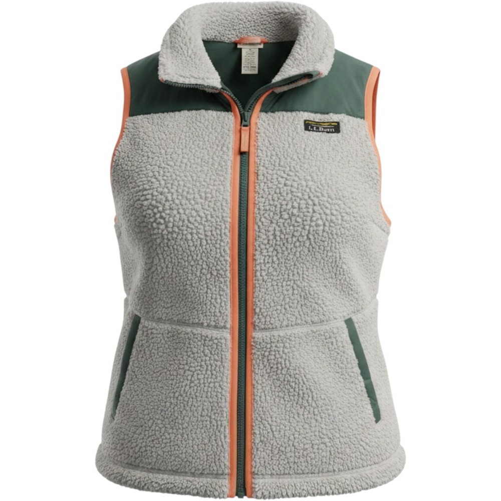 L.L.Bean Sherpa Fleece Vest Womens LG Gray Green Orange Mountain Classic 519066